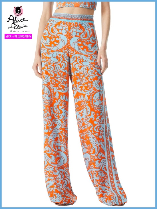 Alice + Olivia Pants - Alice + Olivia Athena Smocked Waistband Wide Leg Sienna Orange Blue Pant